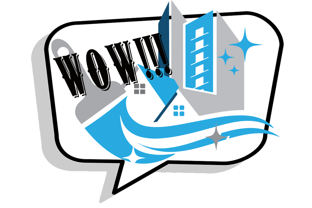 Logo featuring 'wow' text with blue and white buildings in the background